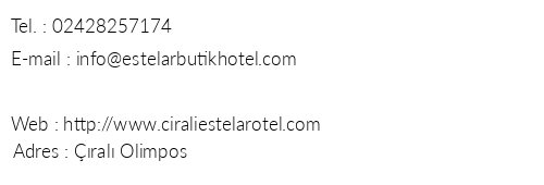 Estelar Butik Otel telefon numaralar, faks, e-mail, posta adresi ve iletiim bilgileri